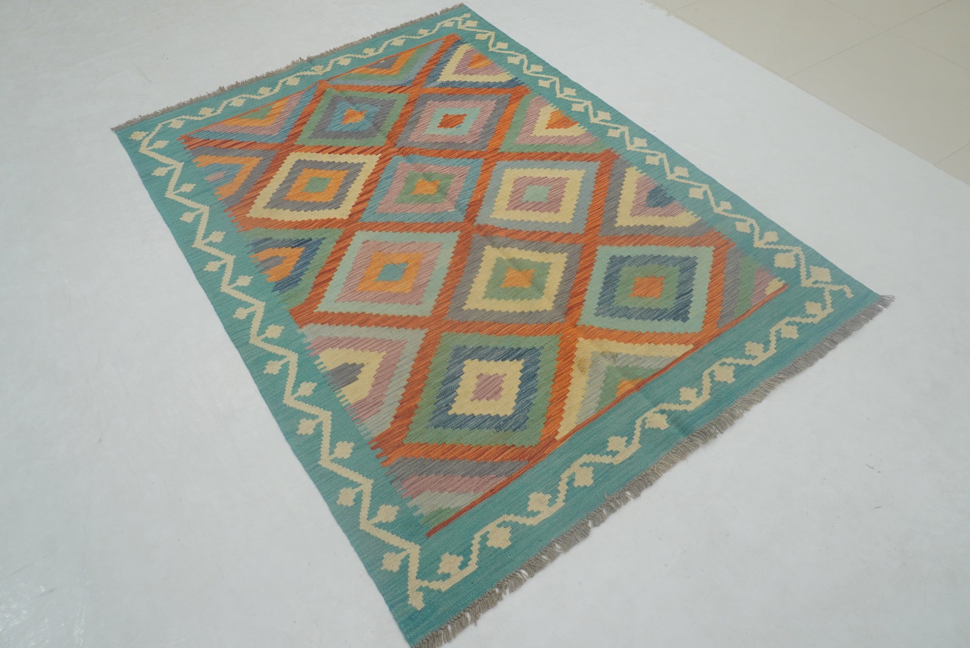 5x7 Turquoise Blue Orange Afghan Reversible Kilim Rug