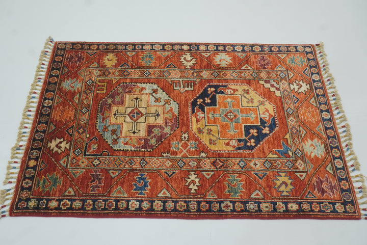 3x4 Red Ersari Hand Knotted Afghan Wool Oriental Rug - Yildiz Rugs