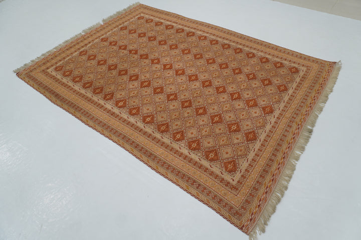 5x7 Beige Vintage Afghan High Low Hand Knotted Woven Barjesta Kilim Rug - Yildiz Rugs