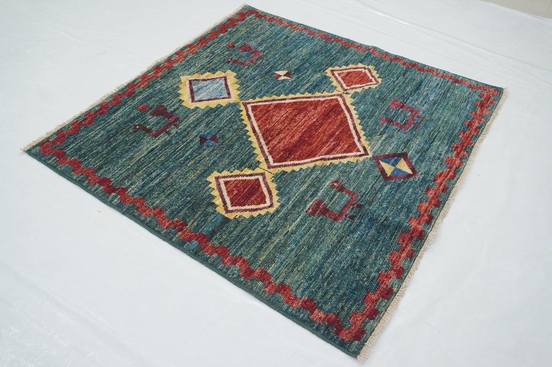 5x5 Green Gabbeh Afghan Hand knotted Square Rug - Yildiz Rugs