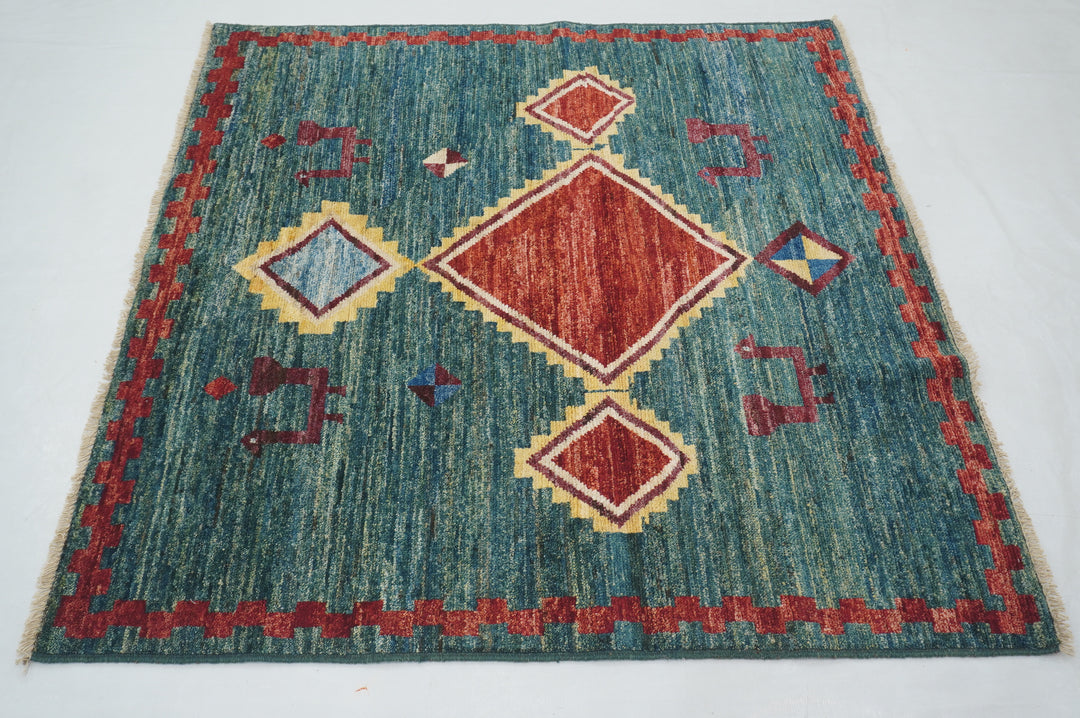 5x5 Green Gabbeh Afghan Hand knotted Square Rug - Yildiz Rugs