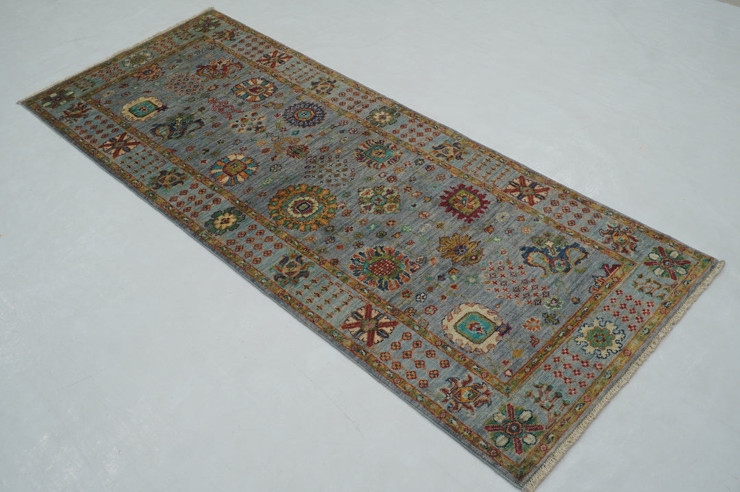 7 ft Gray Waziri Afghan Hand knotted Runner Rug