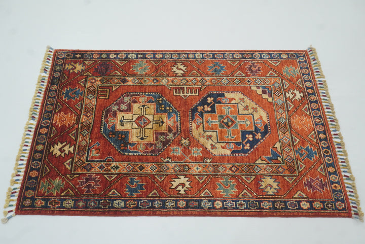 3x4 Red Ersari Hand Knotted Afghan Wool Oriental Rug - Yildiz Rugs