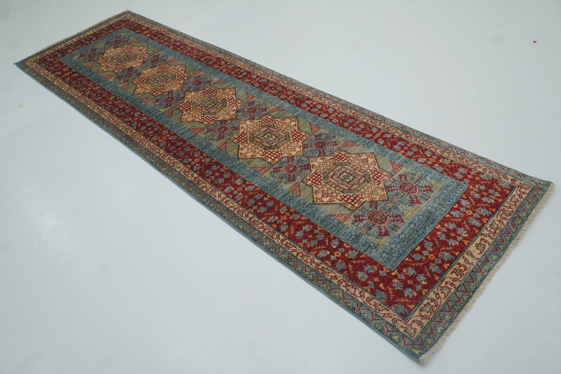 2'9"x9'7" Mamluk Blue Hand-Knotted Wool Runner Rug - Yildiz Rugs