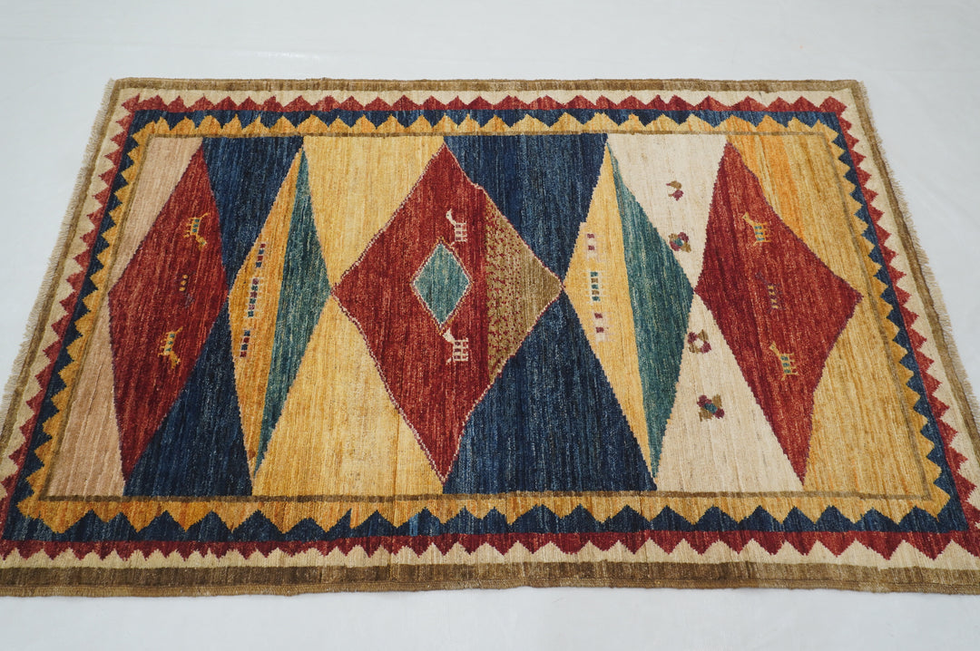 4x6 Multicolor Tribal Gabbeh Afghan Hand knotted Rug - Yildiz Rugs