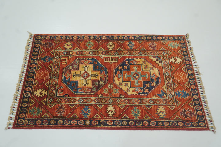 3x4 Red Ersari Hand Knotted Afghan Wool Oriental Rug - Yildiz Rugs