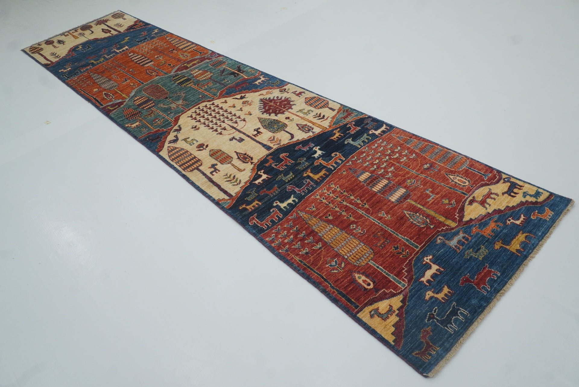 12 ft Blue Gabbeh Afghan Hand-Knotted Landscape Runner Rug - Yildiz Rugs