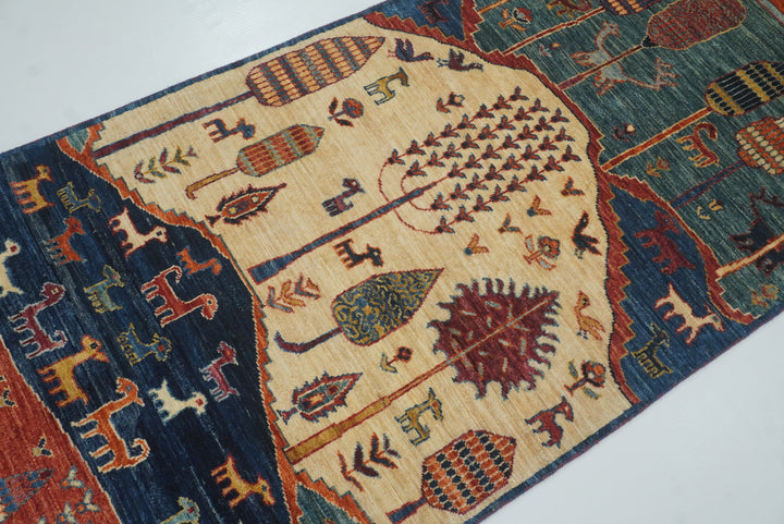 12 ft Blue Gabbeh Afghan Hand-Knotted Landscape Runner Rug - Yildiz Rugs
