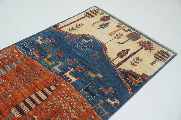 12 ft Blue Gabbeh Afghan Hand-Knotted Landscape Runner Rug - Yildiz Rugs
