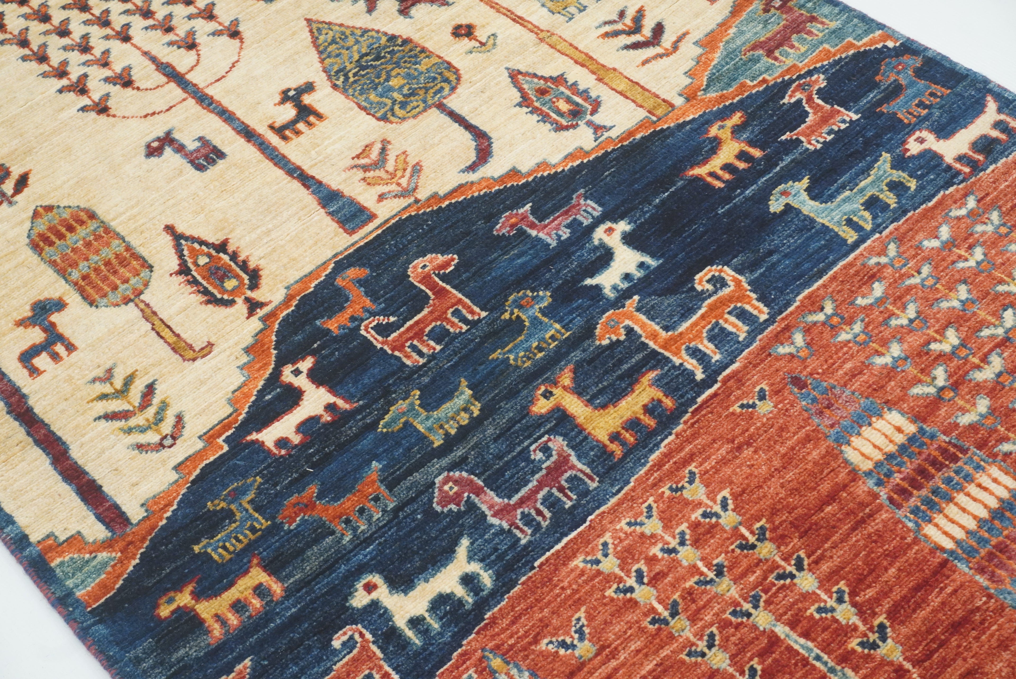 12 ft Blue Gabbeh Afghan Hand-Knotted Landscape Runner Rug - Yildiz Rugs