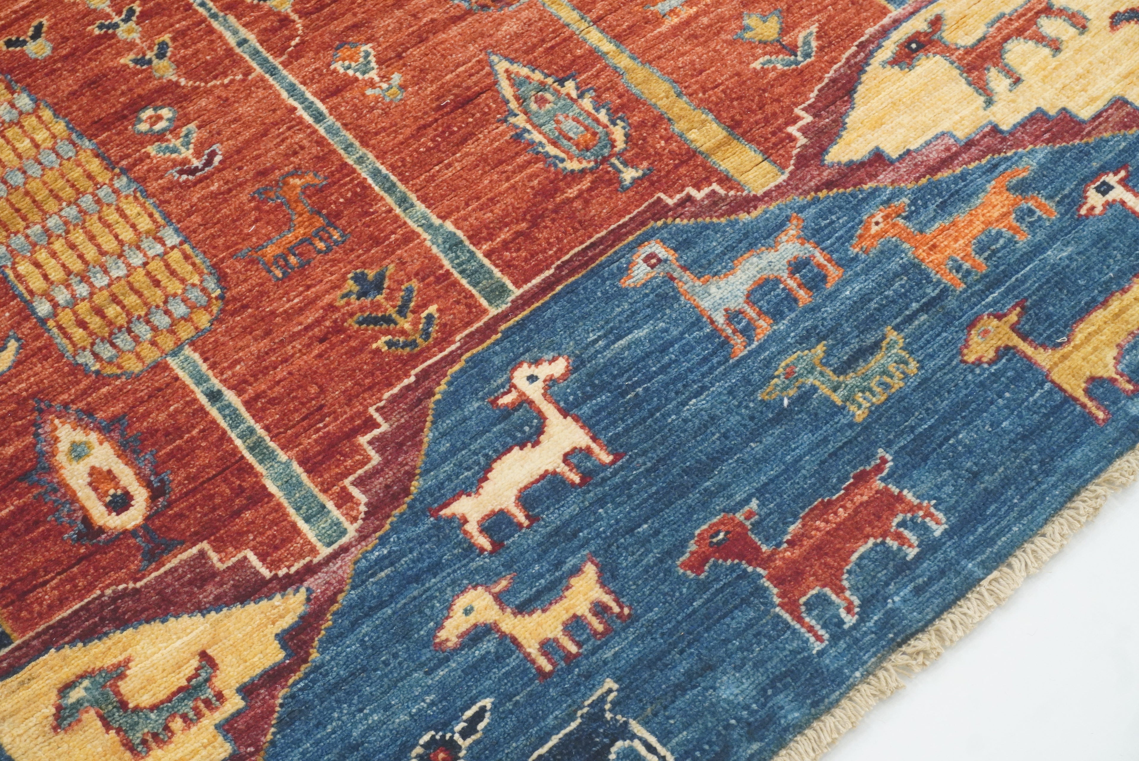 12 ft Blue Gabbeh Afghan Hand-Knotted Landscape Runner Rug - Yildiz Rugs