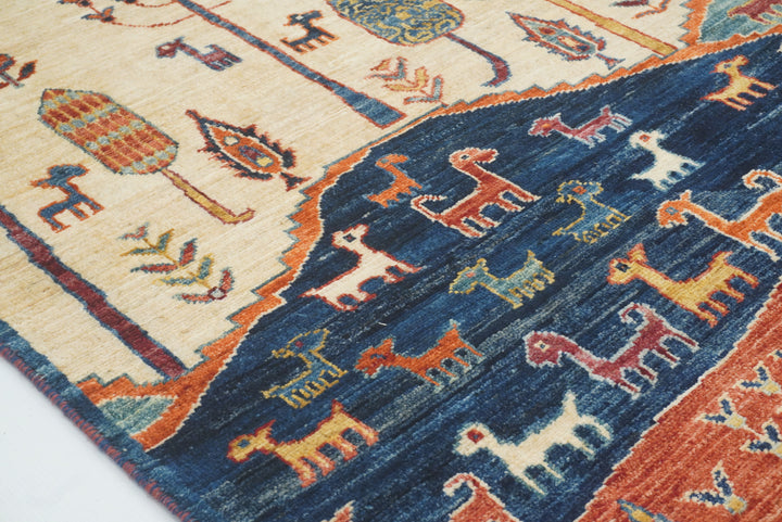 12 ft Blue Gabbeh Afghan Hand-Knotted Landscape Runner Rug - Yildiz Rugs
