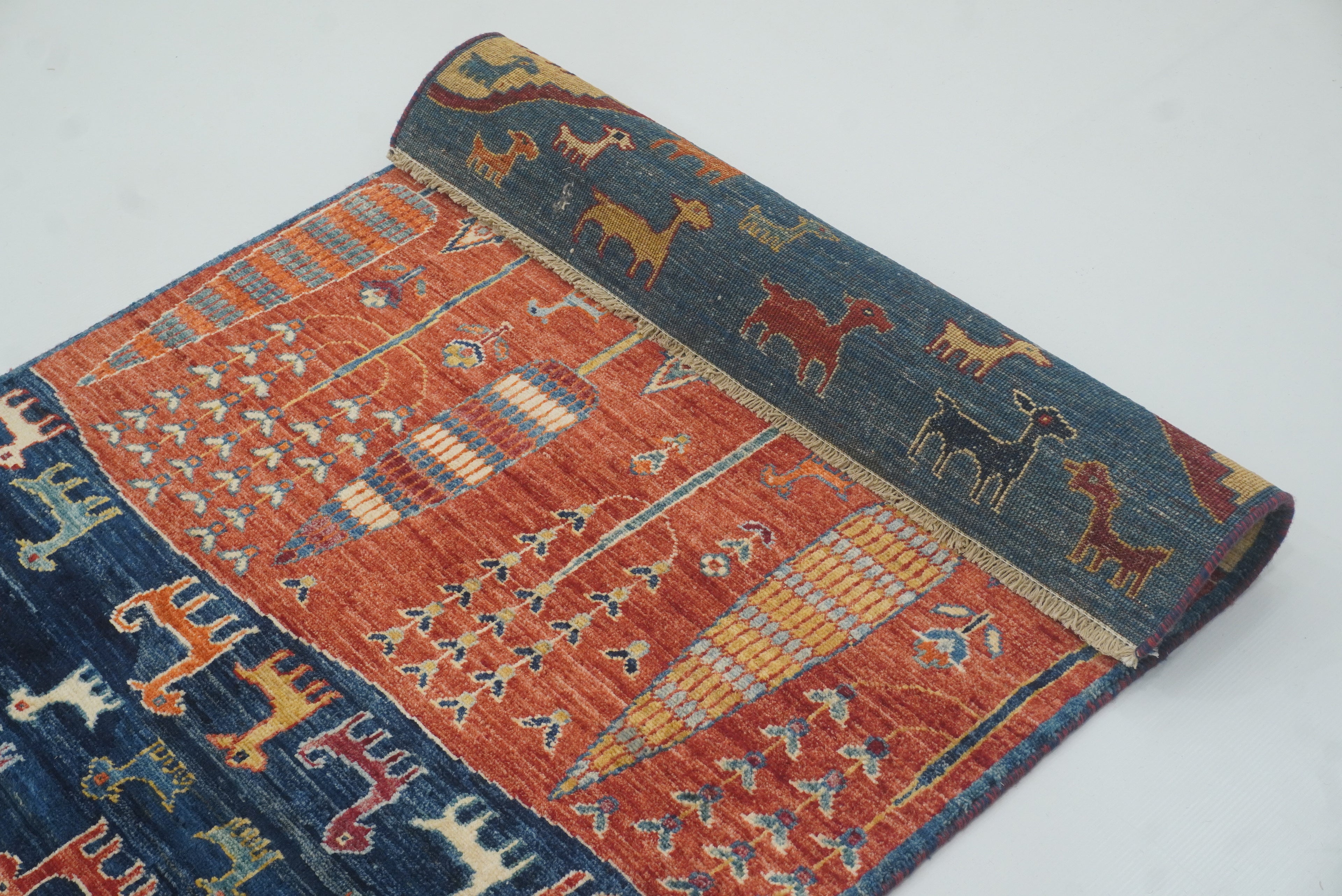 12 ft Blue Gabbeh Afghan Hand-Knotted Landscape Runner Rug - Yildiz Rugs