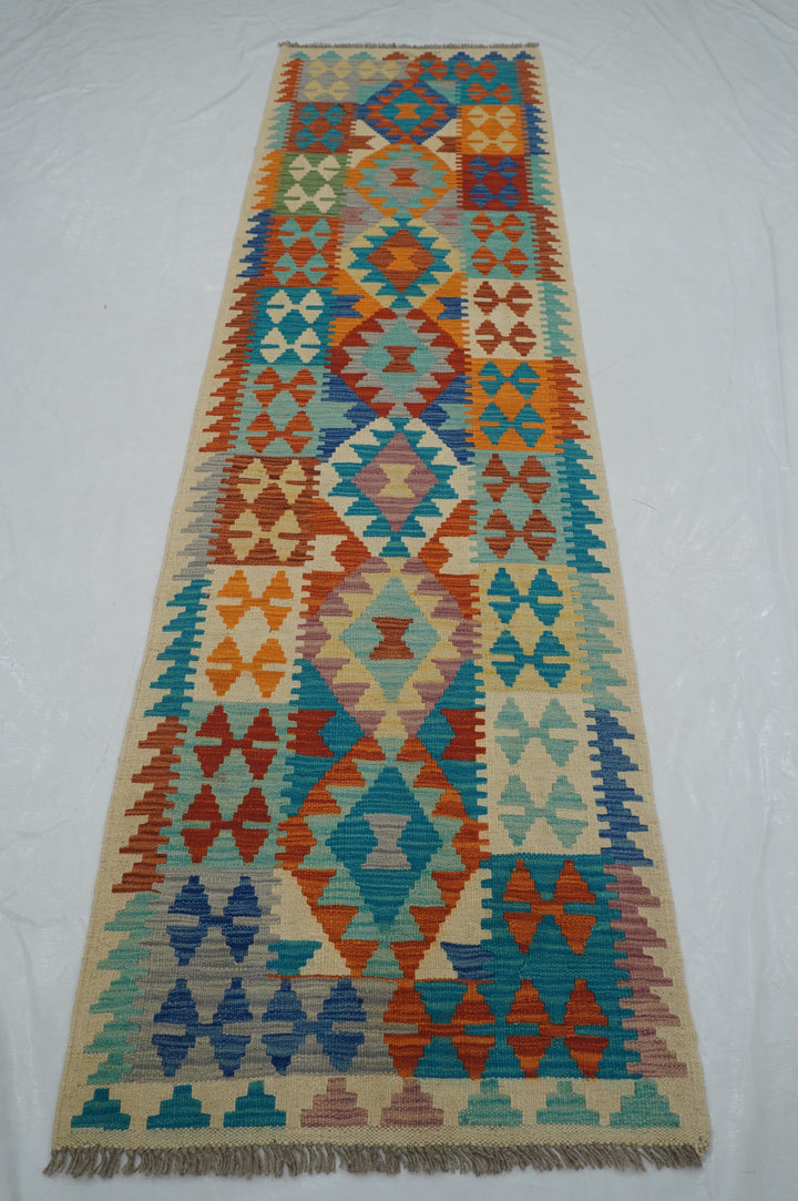 9 ft Multicolor Afghan Hand woven Flat weave Kilim Runner Rug - Yildiz Rugs