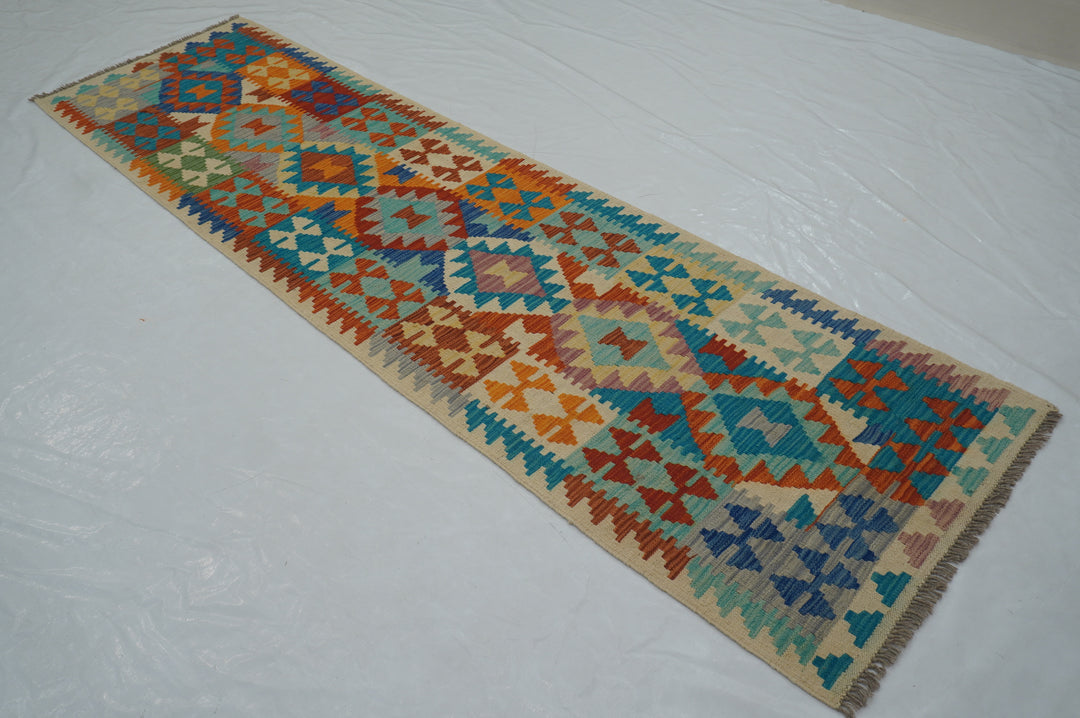 9 ft Multicolor Afghan Hand woven Flat weave Kilim Runner Rug - Yildiz Rugs