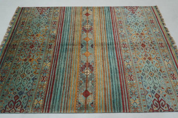 5x7 Turquoise Blue Striped Tribal Afghan Hand knotted Rug