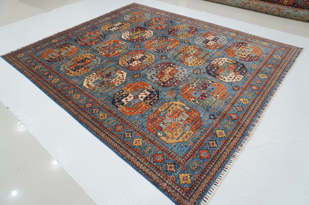 8x10 Blue Ersari Afghan hand knotted Geometric Oriental Rug - Yildiz Rugs