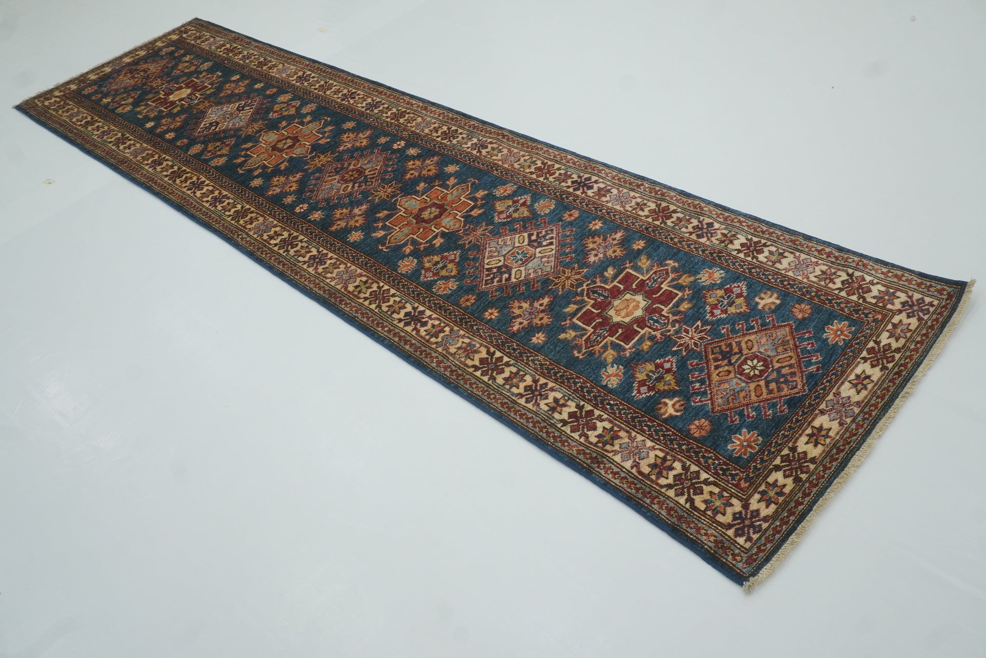 10 ft Kazak Teal Blue Afghan Hand Knotted Runner Rug