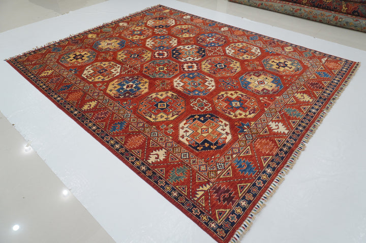 8x10 Red Ersari Afghan hand knotted Geometric Oriental Rug - Yildiz Rugs