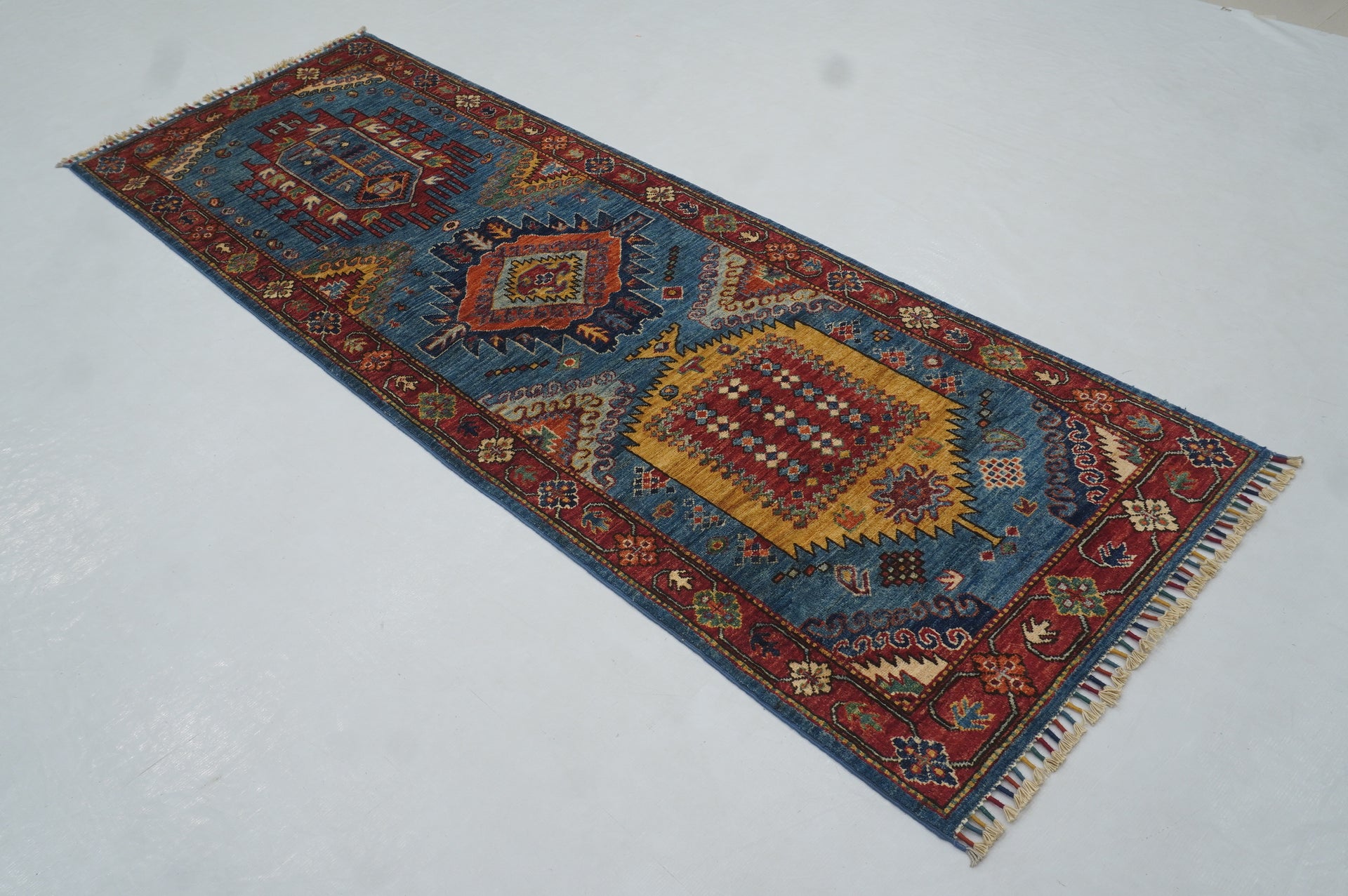 8 ft Blue Malayer Afghan Runner Rug