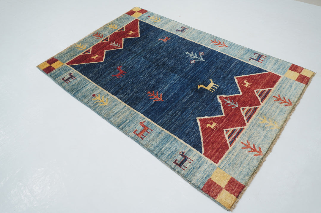 4x6 Blue Gabbeh Afghan Hand knotted Tribal Rug