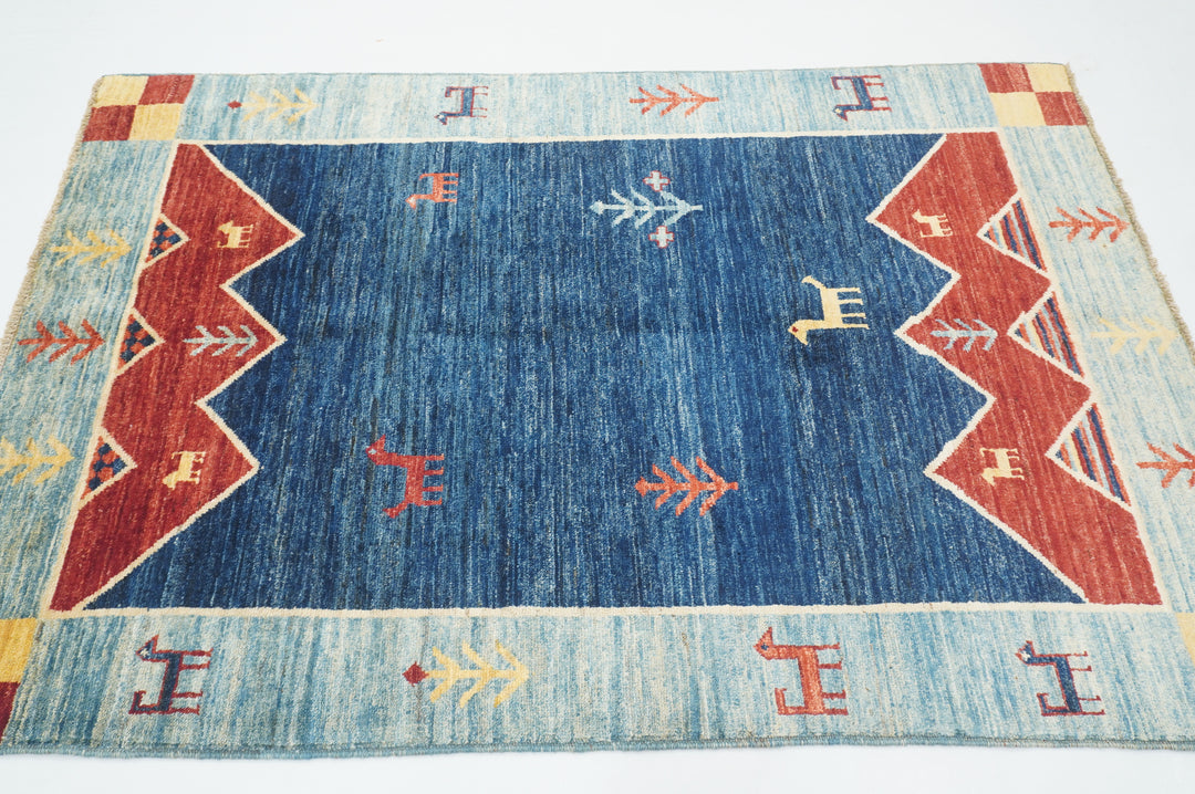 4x6 Blue Gabbeh Afghan Hand knotted Tribal Rug