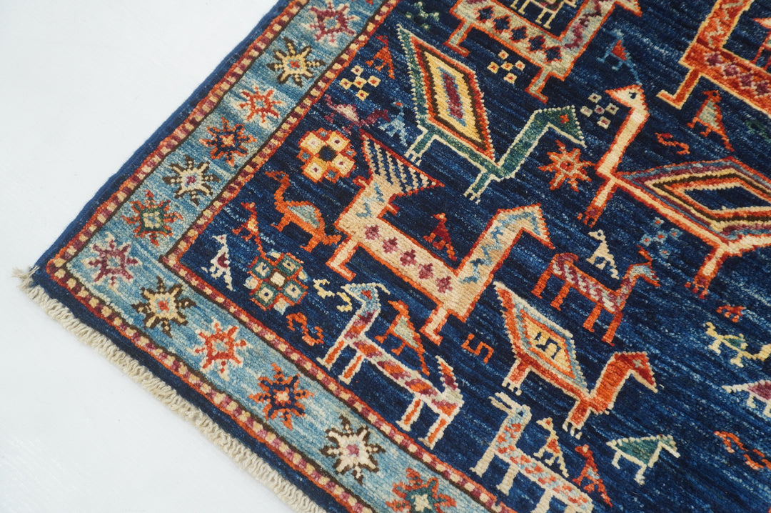 8 ft Navy Blue Gabbeh Animal Qashqai Hand knotted Runner Rug - Yildiz Rugs