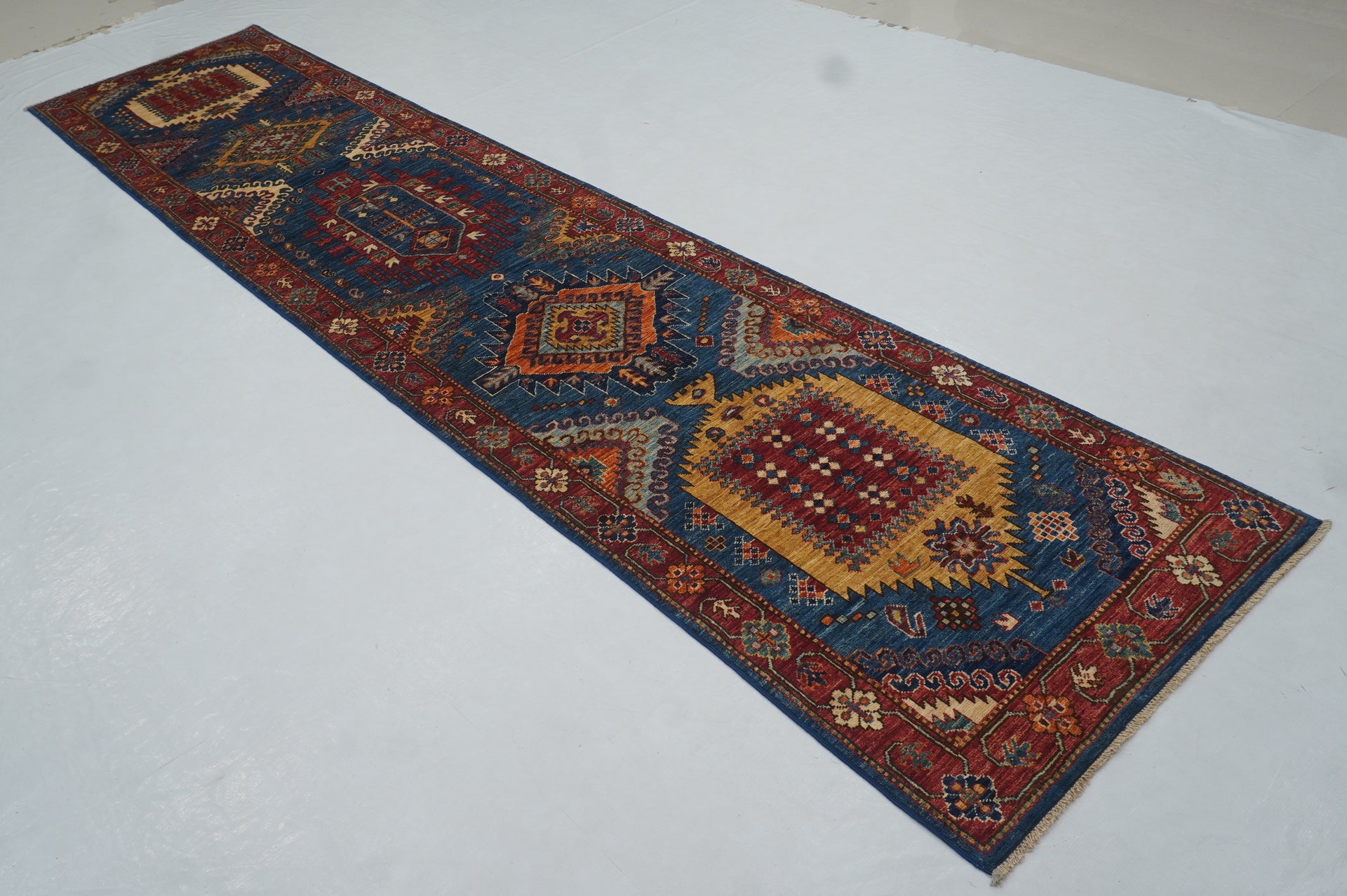12 Ft Blue Malayer Afghan hand knotted Oriental Runner Rug