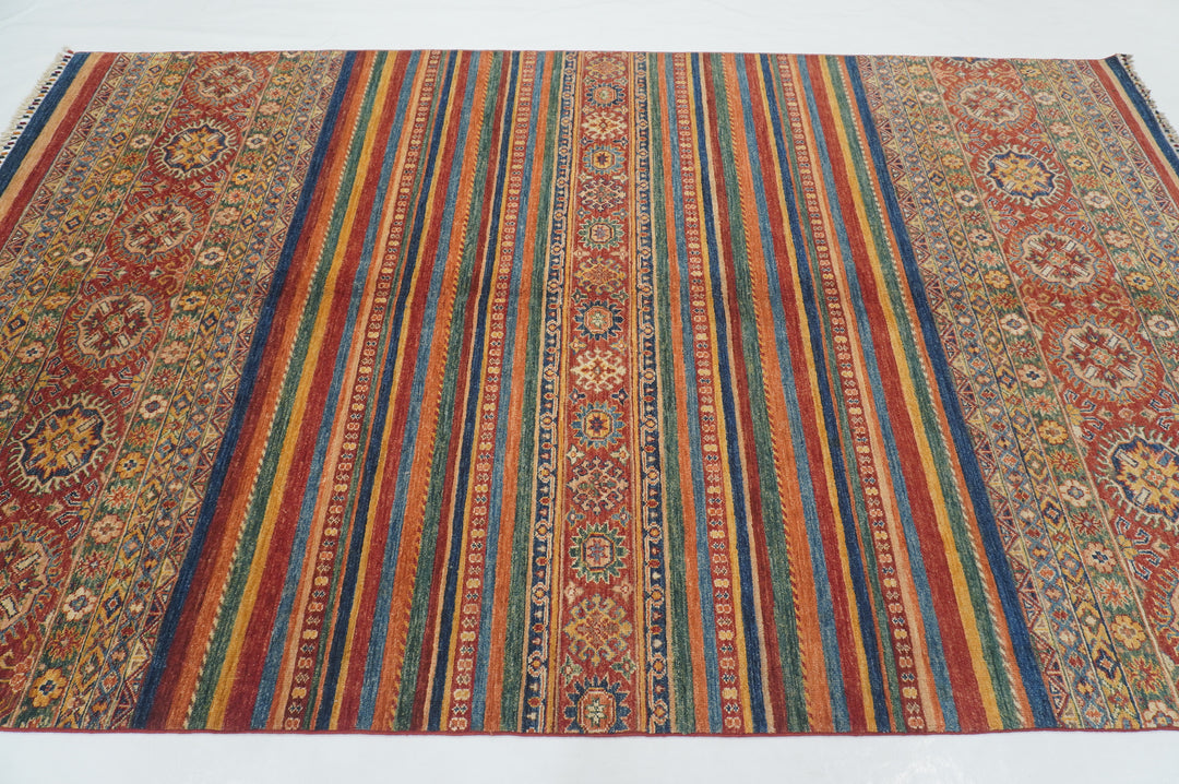 6x10 Stripe Tribal Multicolor Afghan Hand knotted Rug - Yildiz Rugs