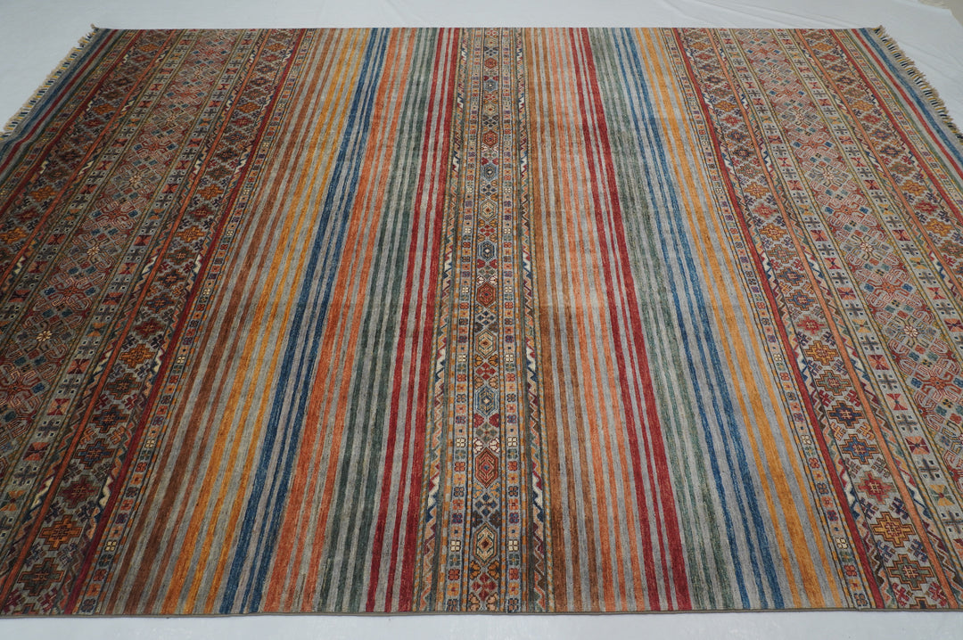 8x11 Gray Tribal Afghan Hand knotted Geometric Rug