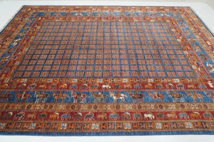 9x12 Blue Pazyryk Afghan Hand Knotted Animal Rug - Yildiz Rugs