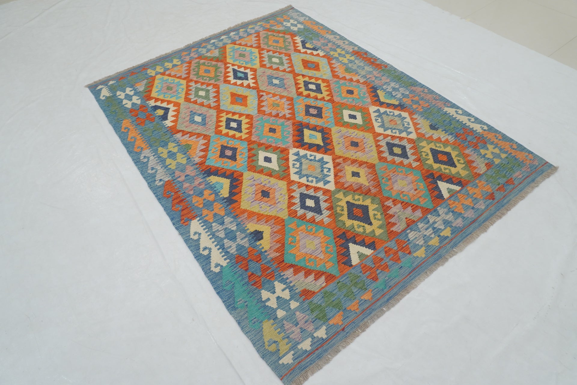 5x7 Rusty Red Blue Afghan Geometric Reversible Kilim Rug