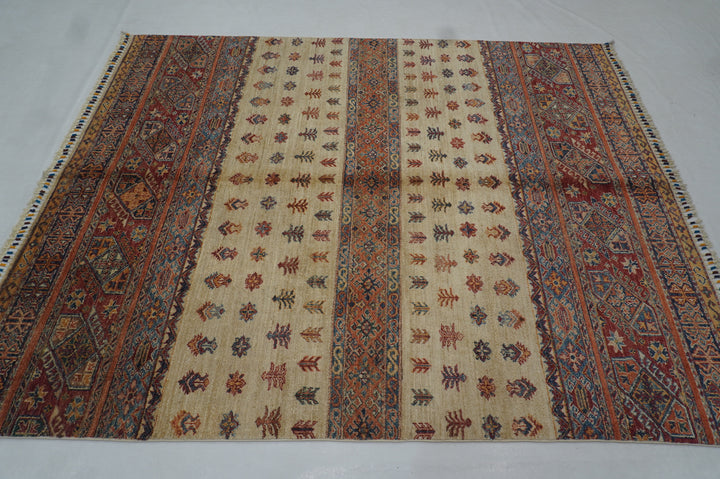 6x7 Beige Khorjin Afghan Hand Knotted Geometric Tribal Rug