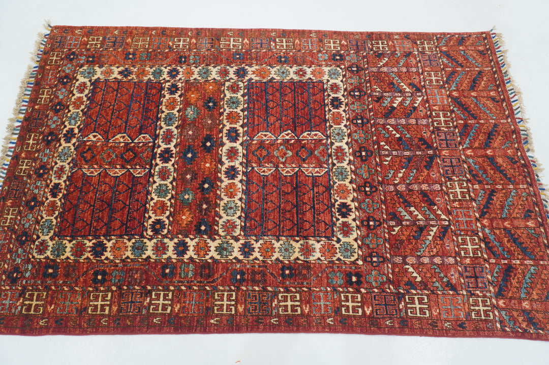 4x6 Red Pardeh Ersari Tribal Afghan hand knotted Rug - Yildiz Rugs