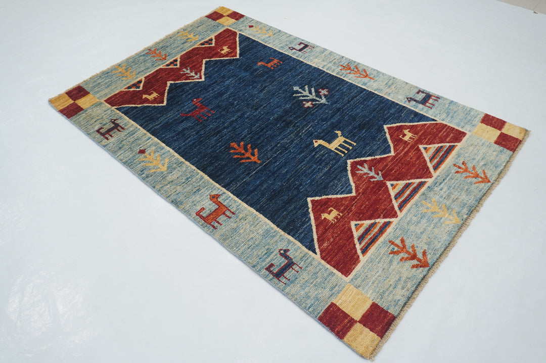 4x6 Navy Blue Tribal Gabbeh Afghan Hand knotted Rug - Yildiz Rugs