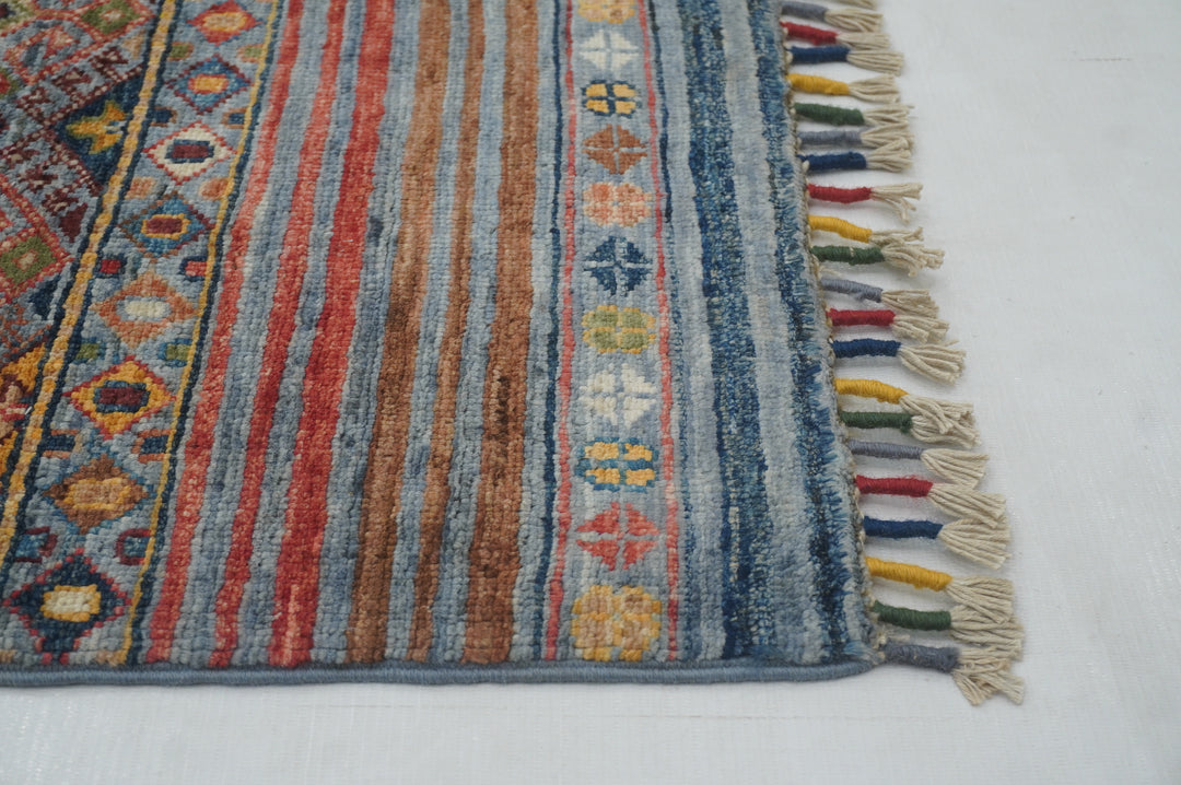 5x7 Blueish Gray Striped Tribal Afghan Hand knotted Rug