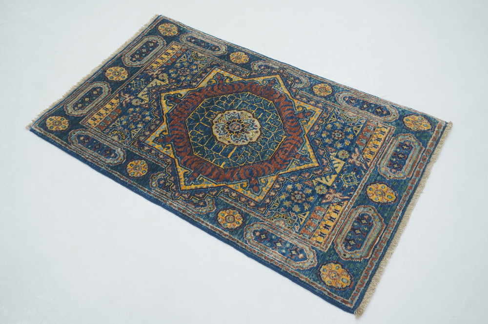 2x3 Dark Blue Turkish Mamluk Hand knotted Medallion Accent Rug - Yildiz Rugs