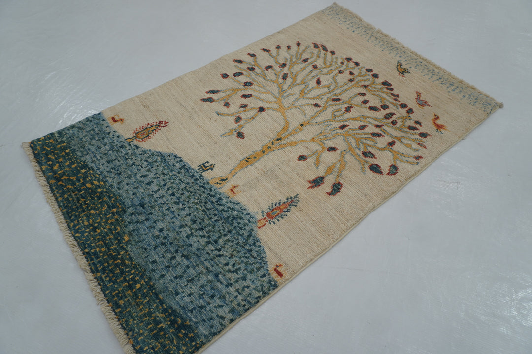 2x3 Beige Gabbeh Tree of Life Hand knotted Afghan Accent Rug - Yildiz Rugs