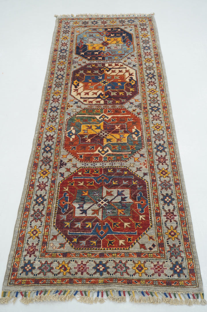 7 ft Gray Ersari Oriental Afghan Hand knotted Wool Runner Rug - Yildiz Rugs