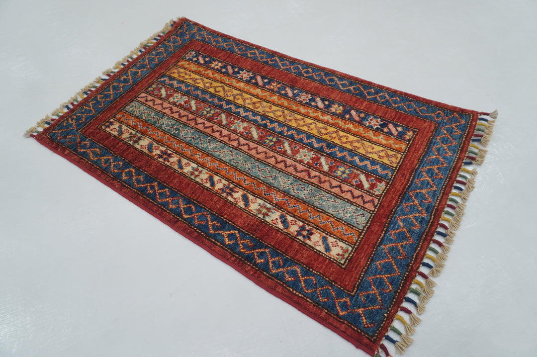 2x3 Red Tribal Turkish Shawl Pattern Hand knotted Accent Rug - Yildiz Rugs