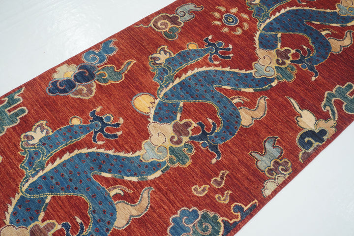 SOLD 10 ft Red Dragon Chinese Style Afghan Hand knotted Wool Runner Rug