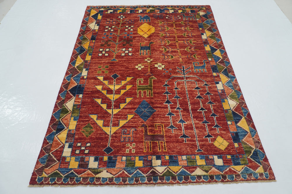 5x7 Red Gabbeh Afghan Hand knotted wool Rug - Yildiz Rugs