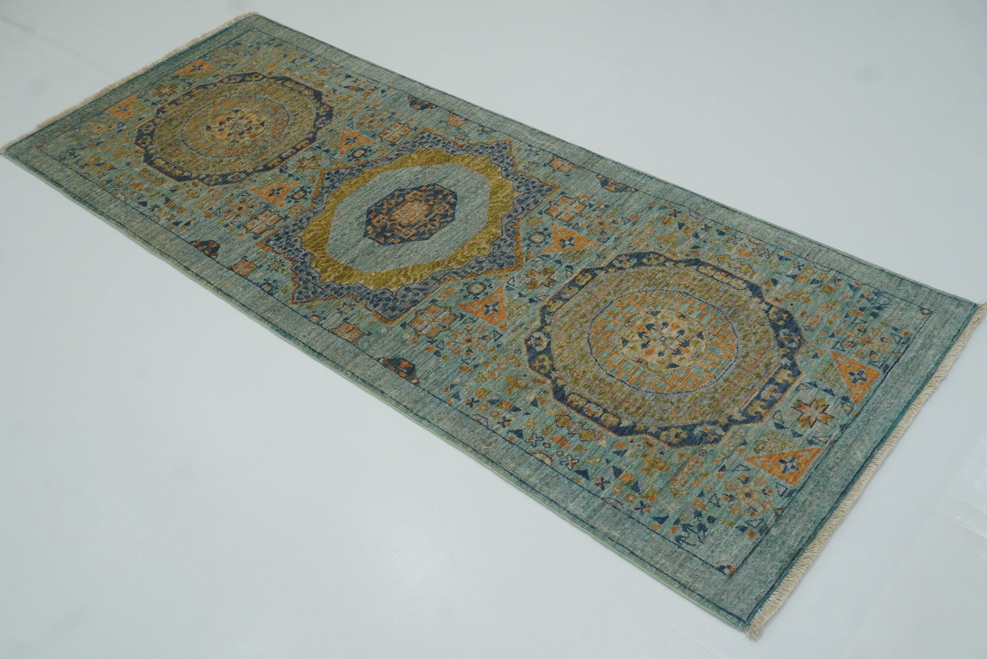 7 ft Mamluk Light Blue Hand-Knotted Runner Rug