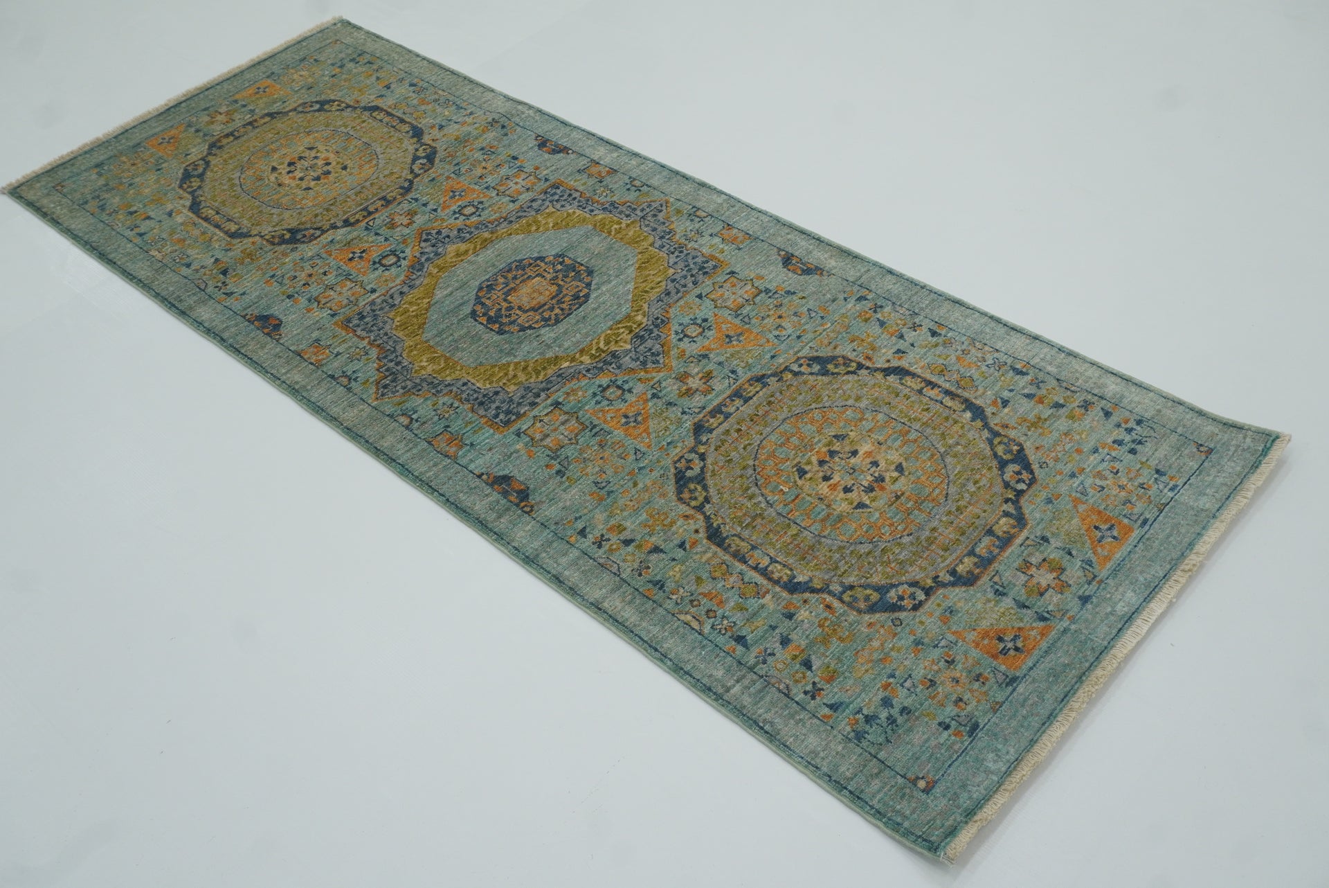 7 ft Mamluk Light Blue Hand-Knotted Runner Rug