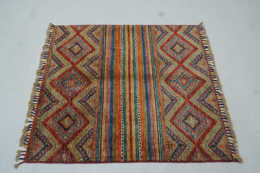 3x3 Red Tribal Square Afghan Hand knotted Rug