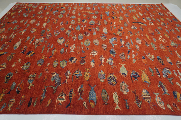 10x14 Red Fish Gabbeh Afghan Hand knotted Tribal Rug