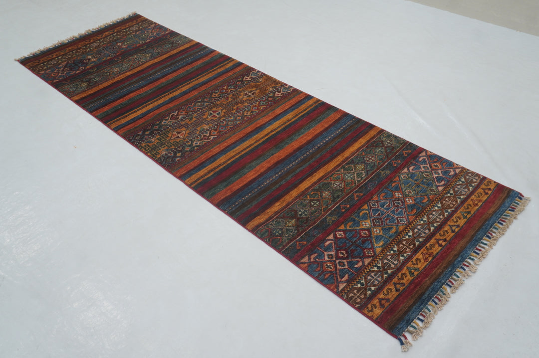 9 ft Red Tribal Striped Hand knotted Runner Rug