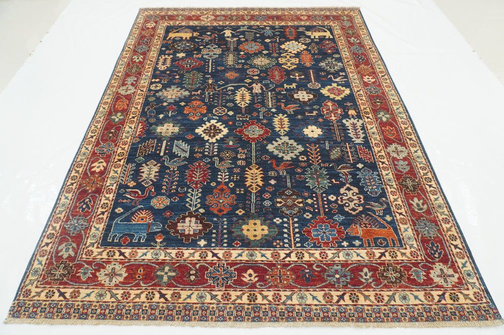 6x8 Navy Blue Tribal Qasqhai Afghan Hand Knotted Oriental Rug - Yildiz Rugs