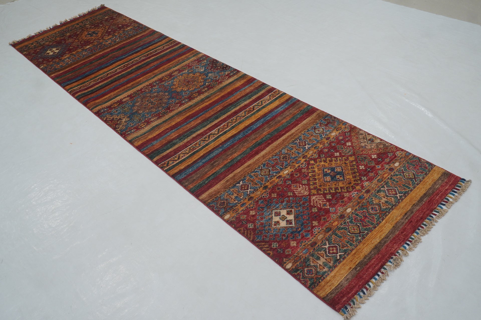 3 x 10 Red Tribal Striped Pattern Hand knotted Runner Rug