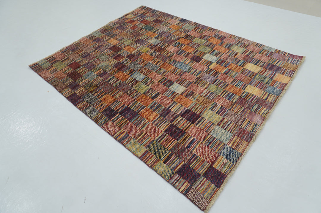 5x6 Gabbeh Checkered Box Weave Pattern Multicolor Afghan Hand knotted Rug - Yildiz Rugs